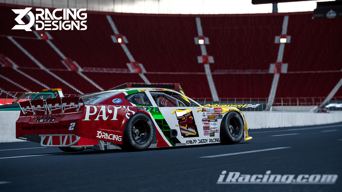 Racing car on a track with 'iRacing.com' branding with Pizza Time Pattern