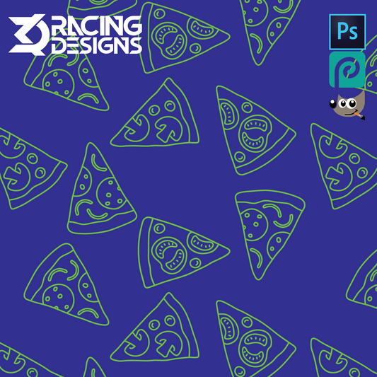 Pattern of pizza slices on a blue background with Racing Designs and Adobe Photoshop logos.